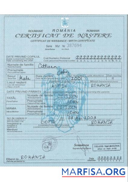 Downloadable Romania birth certificate example